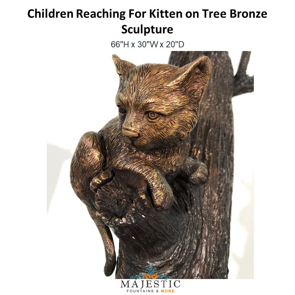 Children Reaching For Kitten on Tree Bronze Sculpture - Majestic Fountains and More