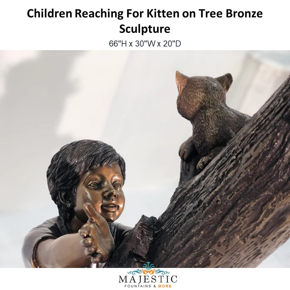 Children Reaching For Kitten on Tree Bronze Sculpture - Majestic Fountains and More