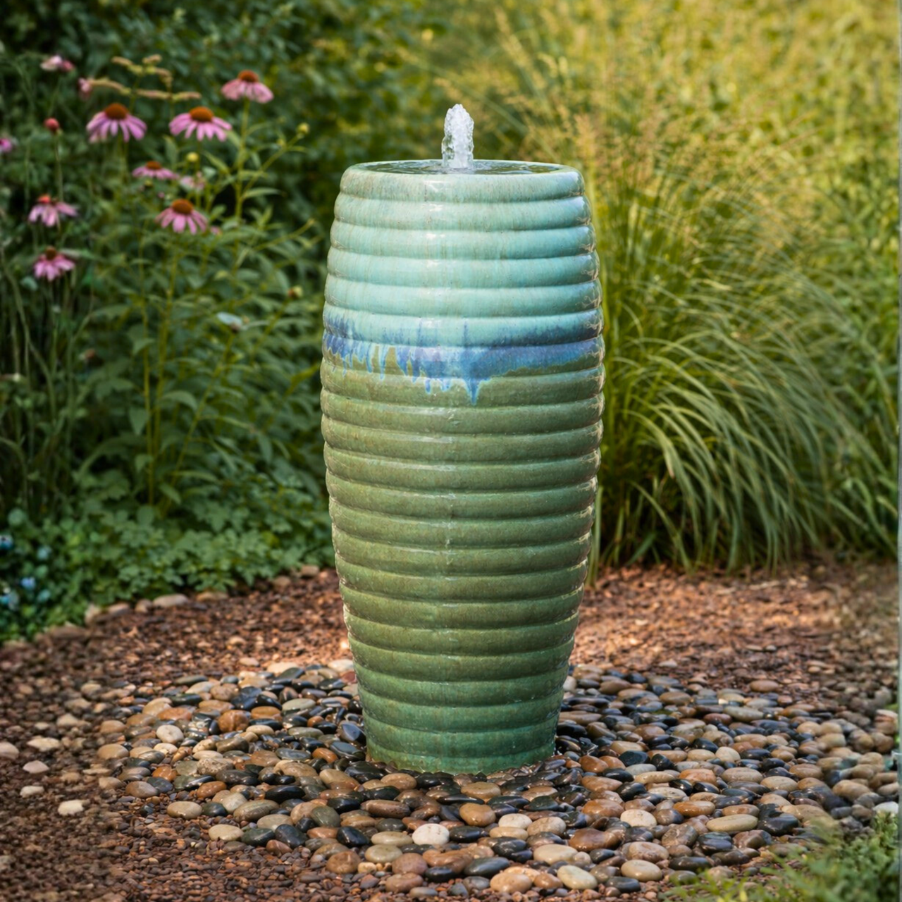 Green Forest Ribbed Tall Vase - Closed Top Single Vase Complete Fountain Kit - 3 ft Tall