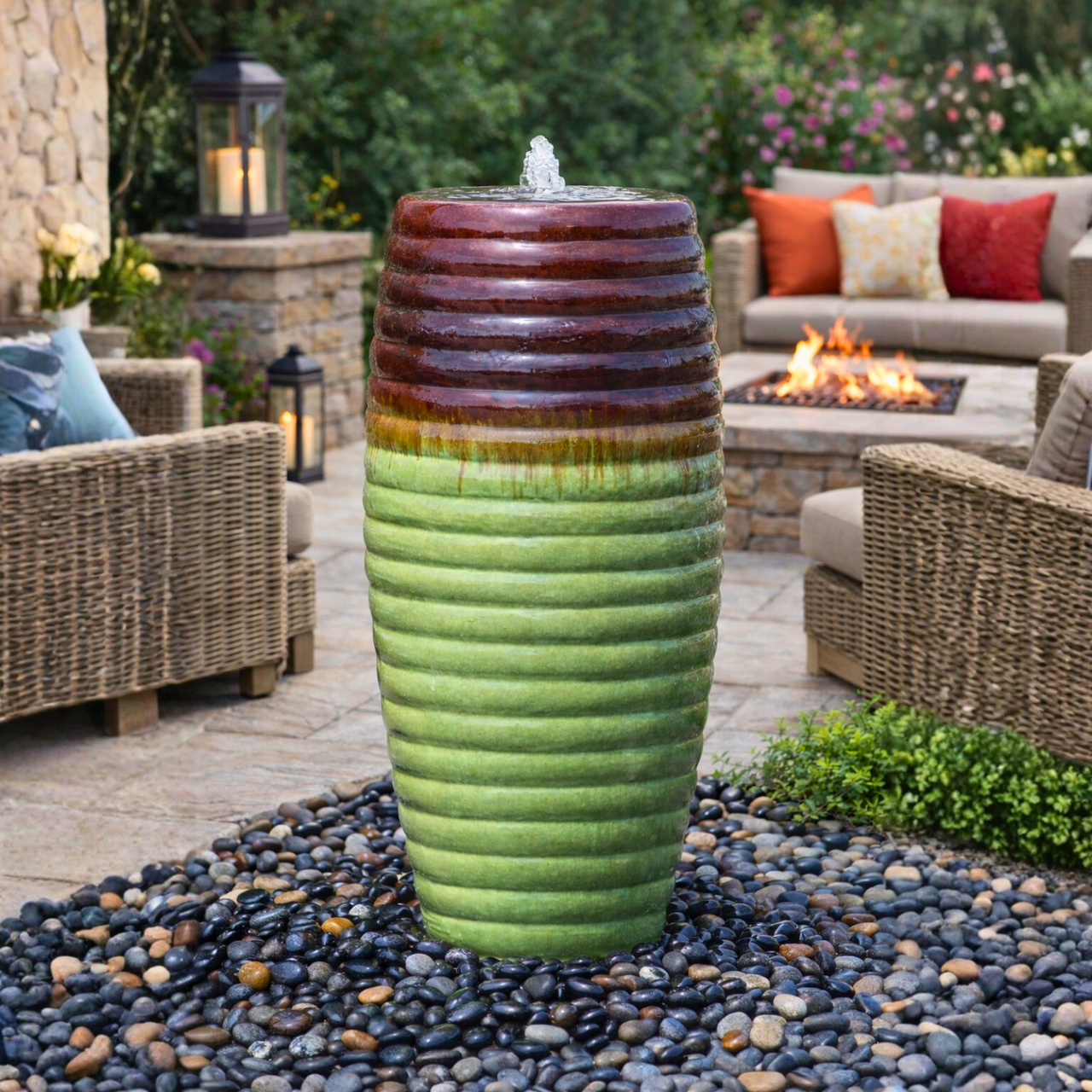 Green Earth Ribbed Tall Vase - Closed Top Single Vase Complete Fountain Kit - 3 ft Tall