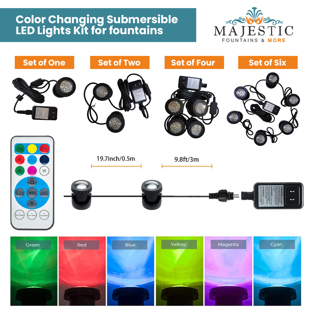 Color Changing Submersible LED Lights Kit for Fountains - Majestic Fountains and More