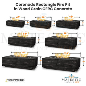 Coronado Rectangle Fire Pit in Wood Grain GFRC Concrete Size - Majestic Fountains