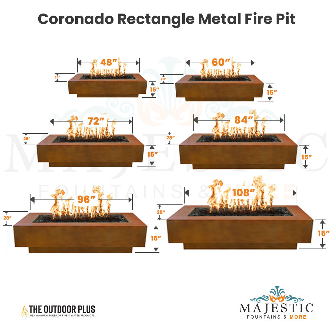The Outdoor Plus Coronado Rectangle Metal Fire Pit - Majestic Fountains