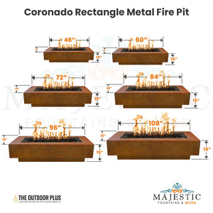 The Outdoor Plus Coronado Rectangle Metal Fire Pit Size - Majestic Fountains