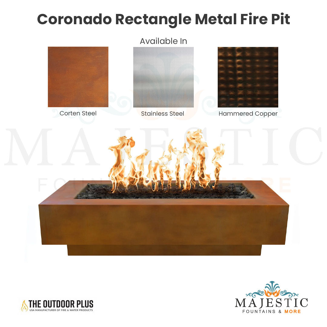 The Outdoor Plus Coronado Rectangle Metal Fire Pit - Majestic Fountains