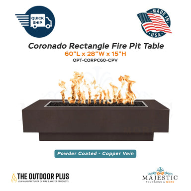 Coronado Rectangle Fire Pit table in Copper Vein Powder Coated Steel - Majestic Fountains
