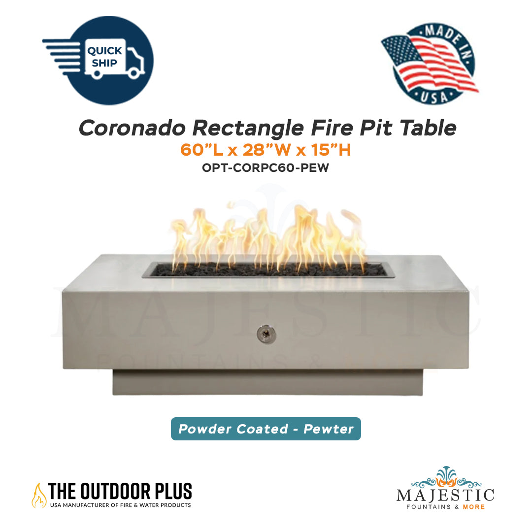 Coronado Rectangle Fire Pit table in Pewter Powder Coated Steel - Majestic Fountains