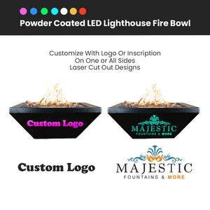LED Lighthouse Fire Bowl Powder Coated Custom Logo - Majestic Fountains