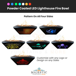LED Lighthouse Fire Bowl Powder Coated Pattern on all Four Sides - Majestic Fountains