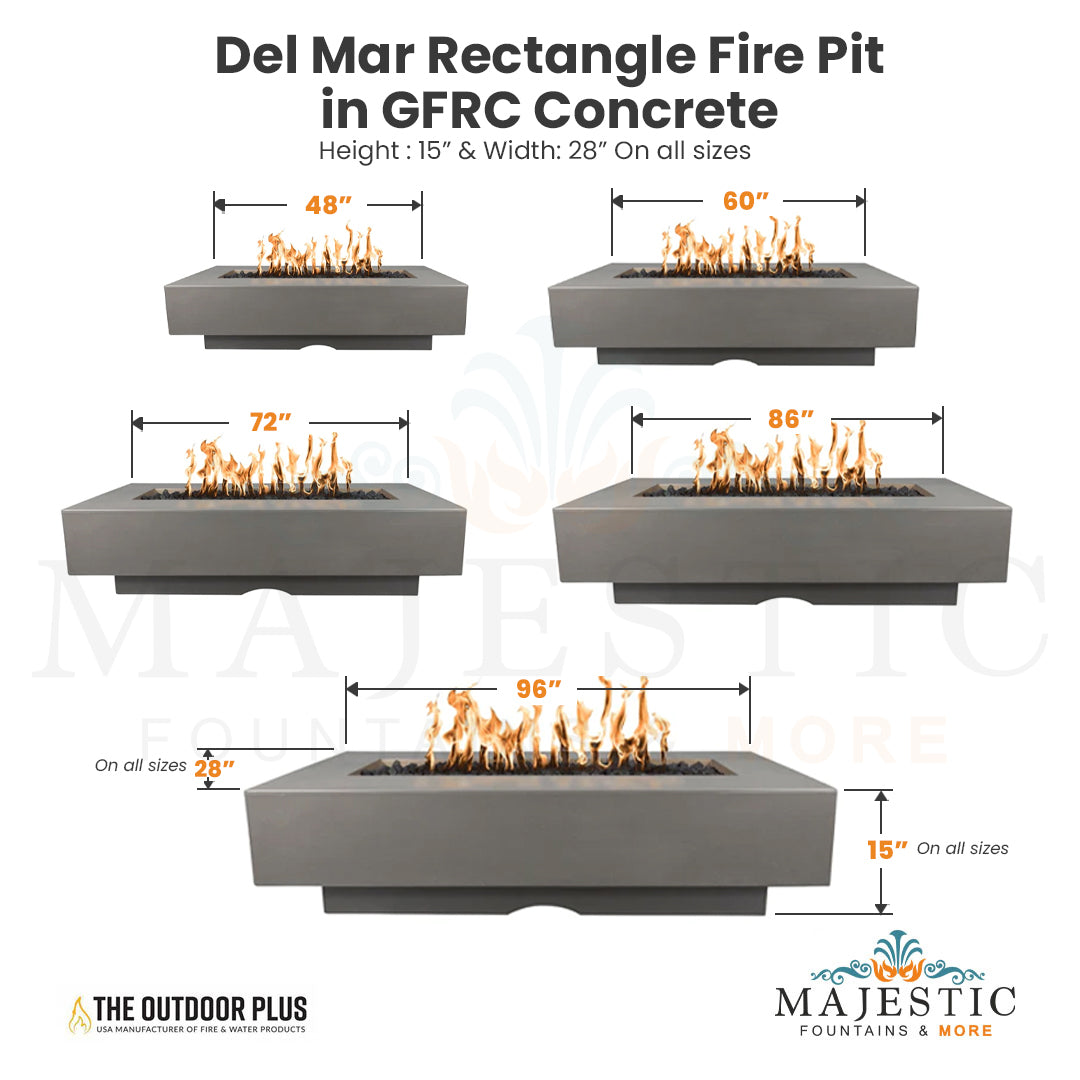Del Mar Rectangle Fire Pit in GFRC Concrete - Majestic Fountains