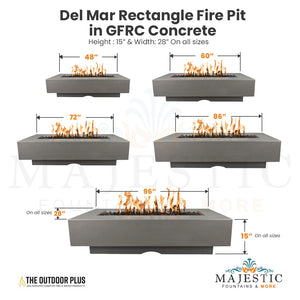 Del Mar Rectangle Fire Pit in GFRC Concrete Size  - Majestic Fountains