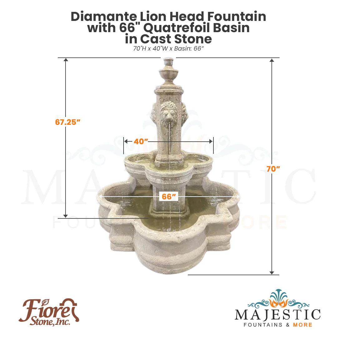 Diamante Lion Head Fountain with 66 Quatrefoil Basin in Cast Stone - 272-FAQ - Majestic Fountains