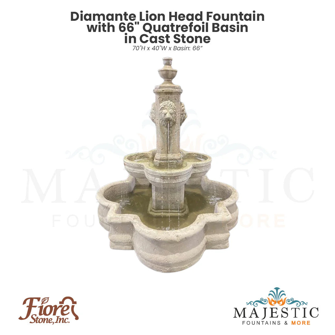 Diamante Lion Head Fountain with 66 Quatrefoil Basin in Cast Stone - Fiore Stone 272-FAQ - Majestic Fountains