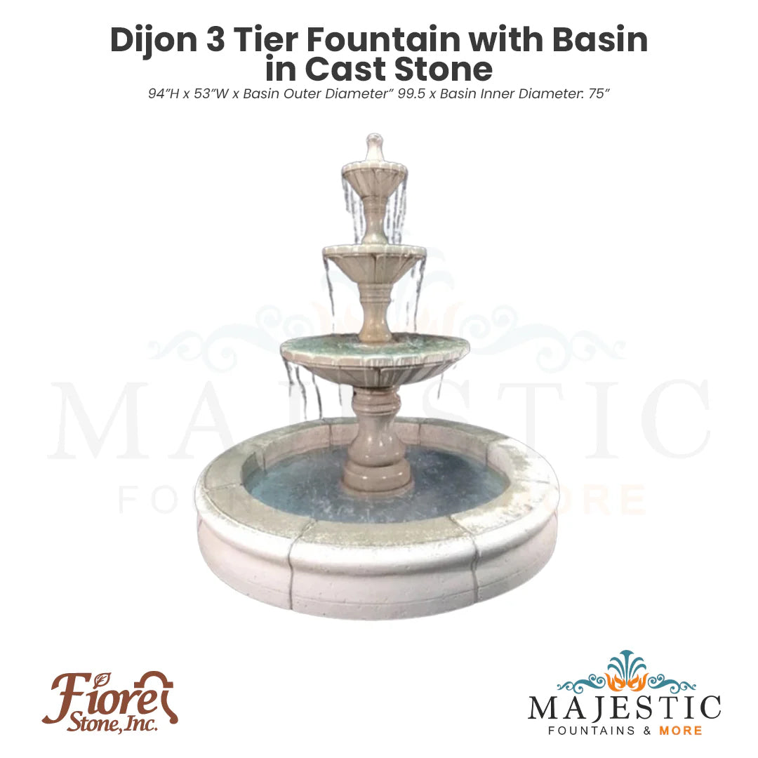 Dijon 3 Tier Fountain in Cast Stone with Basin by Fiore Stone - & LG173-FRG - Majestic Fountains