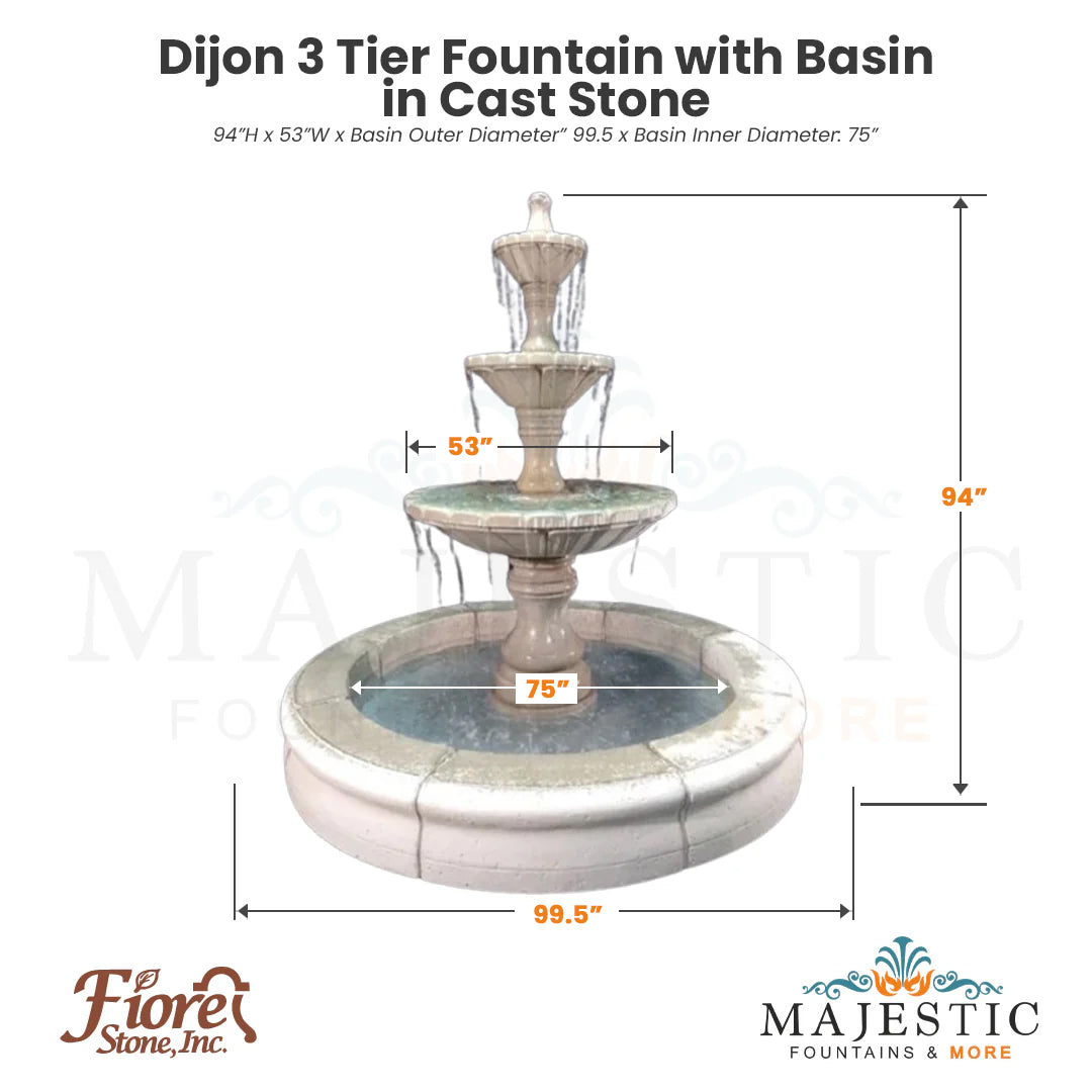 Dijon 3 Tier Fountain in Cast Stone with Basin by Fiore Stone - & LG173-FRG - Majestic Fountains