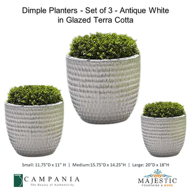 Dimple Planters - Set of 3 - Antique White in Glazed Terra Cotta By Campania - Majestic fountains and More