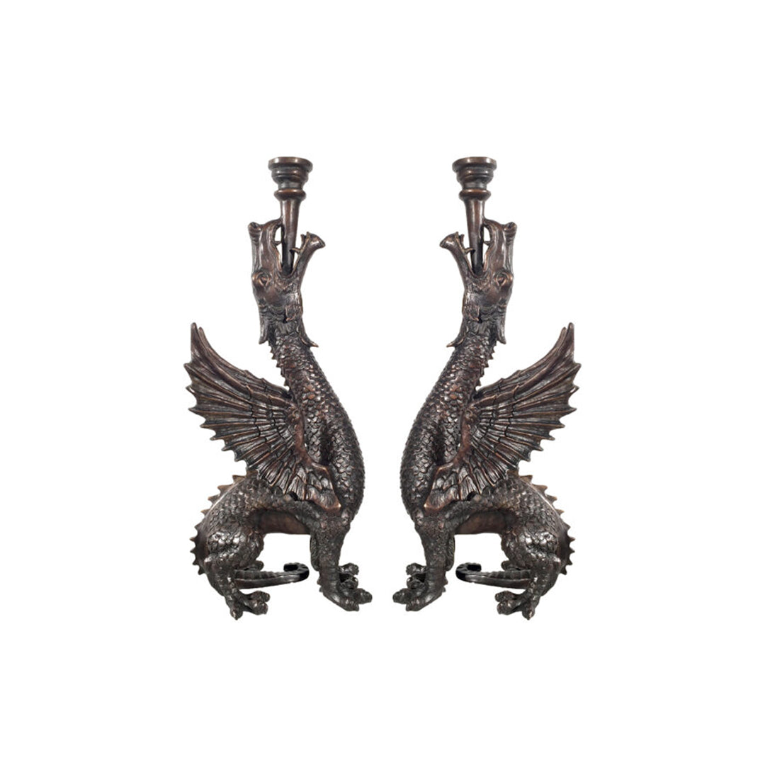 Dragon Candelabra Pair Bronze Table Top Sculpture - Majestic Fountains