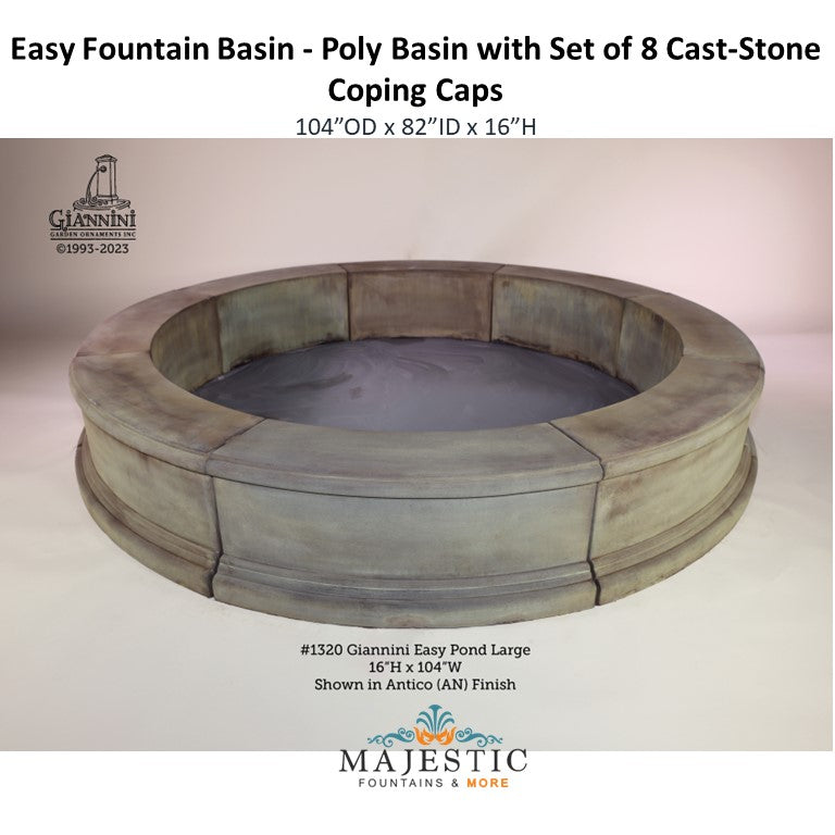Easy Basin Large - Poly Basin with Set of 8 Cast-Stone Coping Caps - 1320 - Majestic Fountains and More