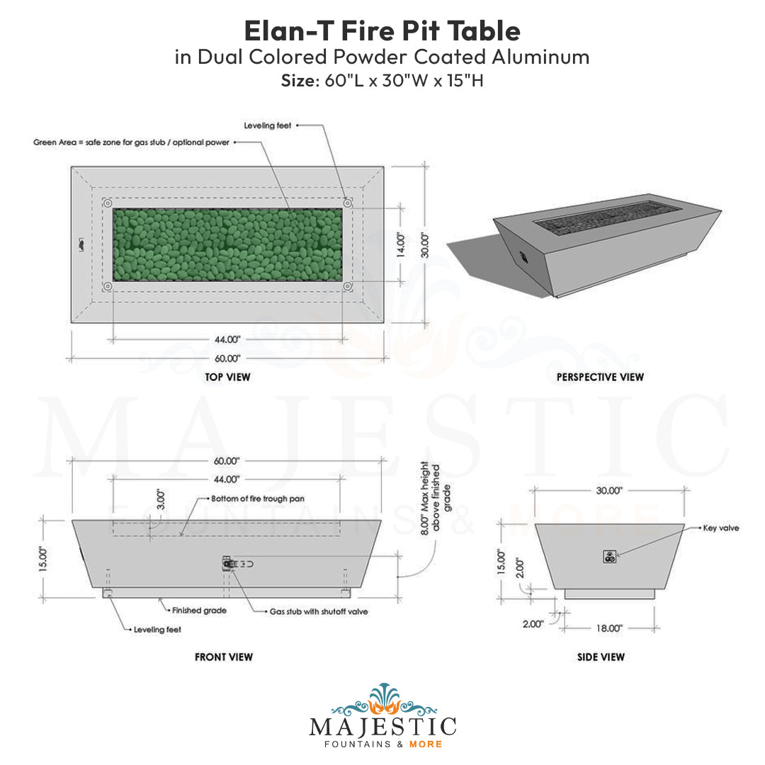 Elan-T Fire Pit Table in Dual Colored Powder Coated Aluminum - Majestic Fountains