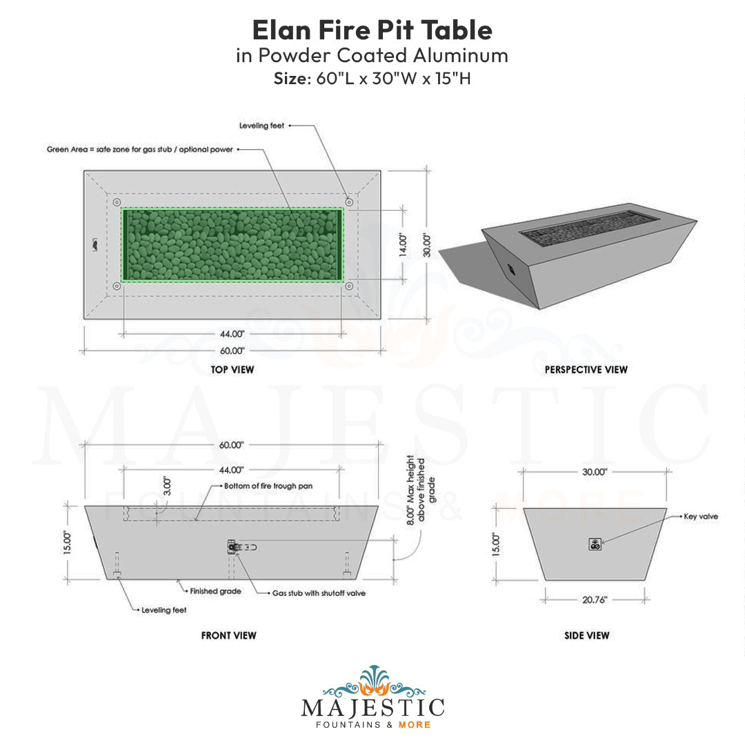 Elan Fire Pit Table in Powder Coated Aluminum - Majestic Fountains