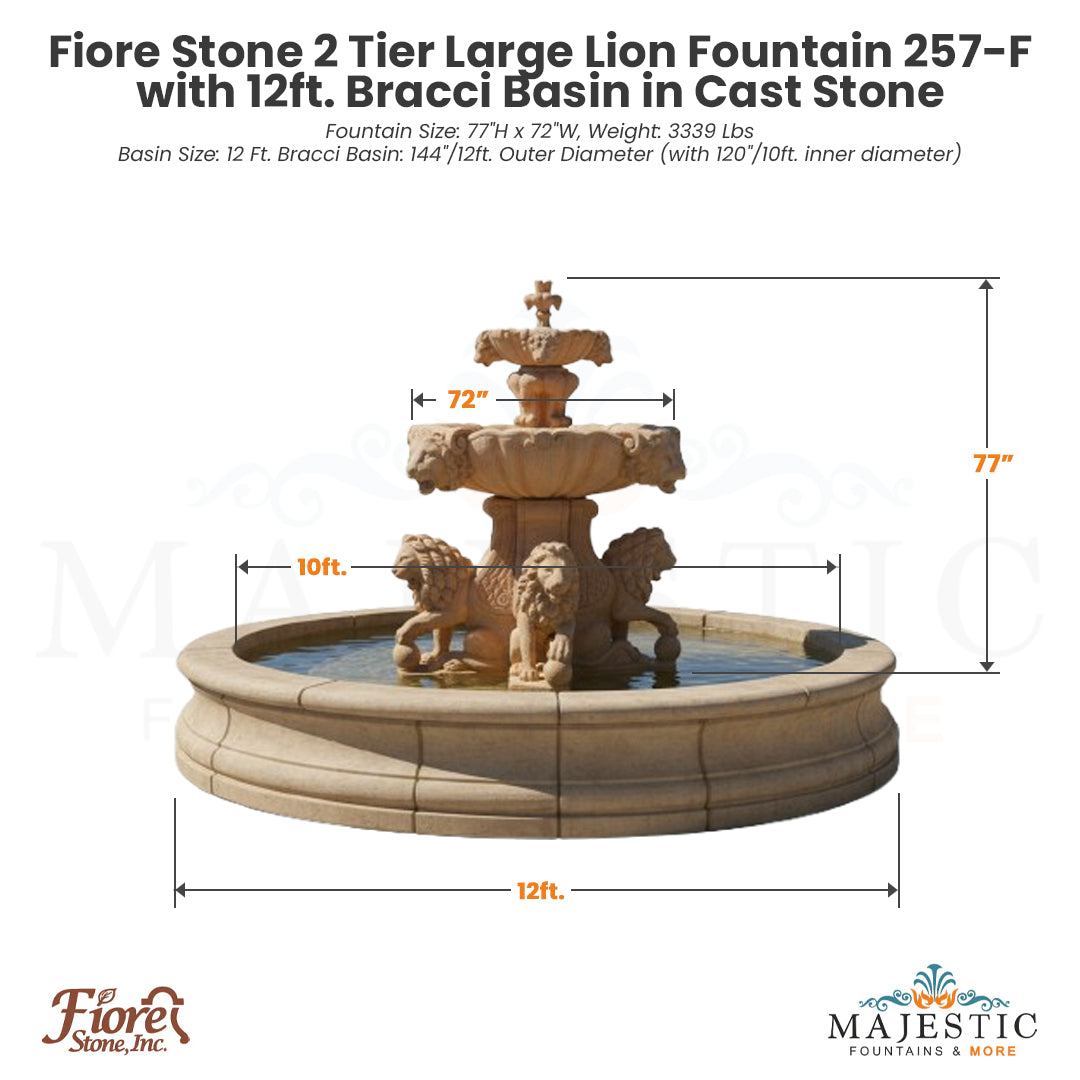 Fiore Stone 2 Tier Large Lion Fountain 257-F with Bracci Basin in Cast Stone - Majestic Fountains