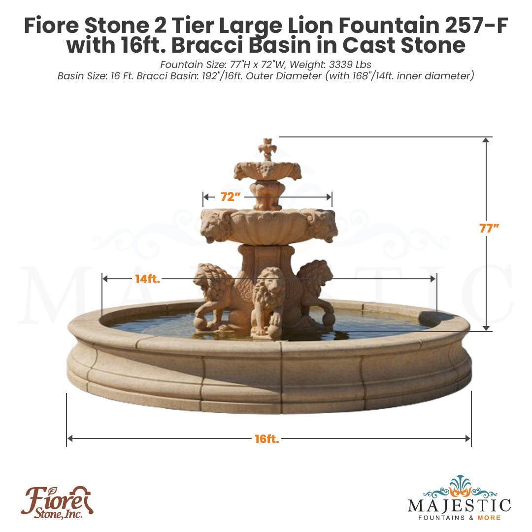 Fiore Stone 2 Tier Large Lion Fountain 257-F with Bracci Basin in Cast Stone - Majestic Fountains
