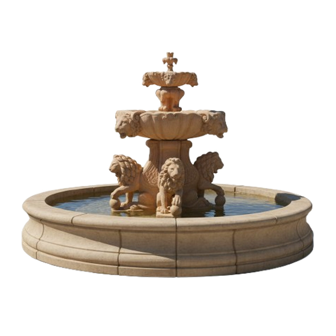 Fiore Stone 2 Tier Large Lion Fountain 257-F with Bracci Basin in Cast Stone - Majestic Fountains