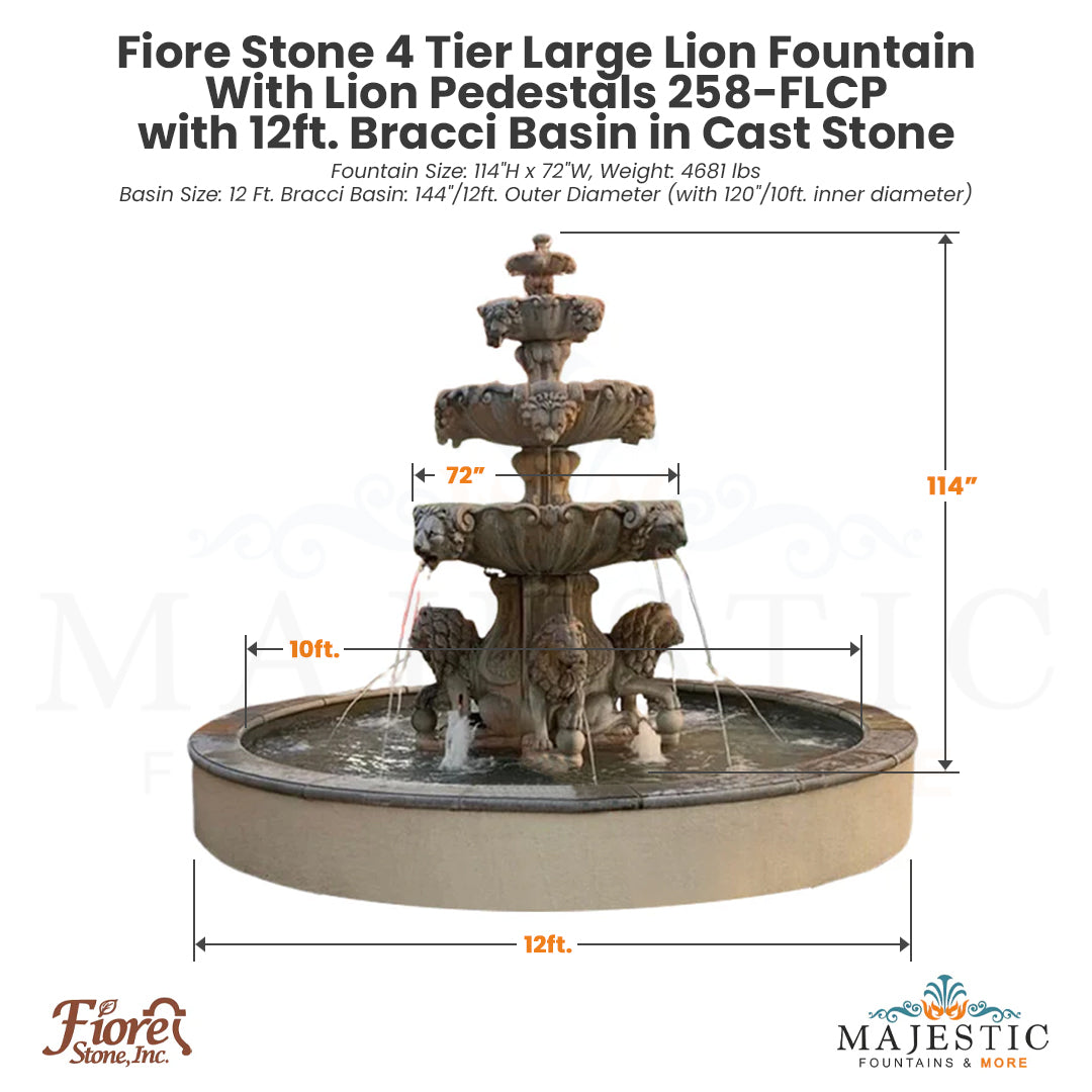 Fiore Stone 4 Tier Large Lion Fountain With Lion Pedestals 258-FLCP with Bracci Basin in Cast Stone - Majestic Fountains.jpg