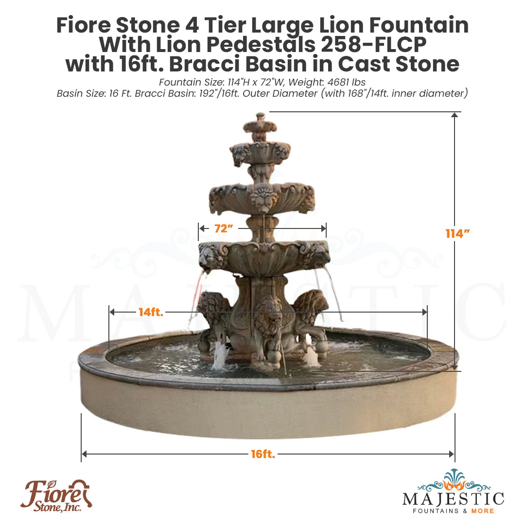 Fiore Stone 4 Tier Large Lion Fountain With Lion Pedestals 258-FLCP with Bracci Basin in Cast Stone - Majestic Fountains.jpg