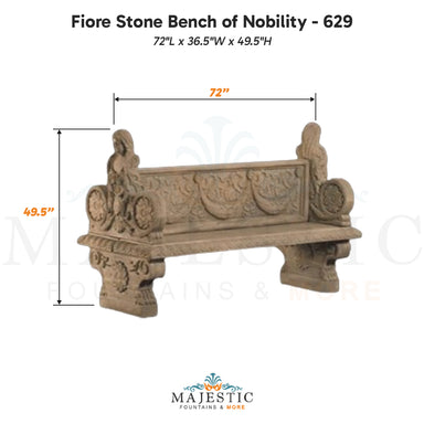 Fiore Stone Bench of Nobility - 629 cast stone dimension drawing showing 72 inch length and 49.5 inch height