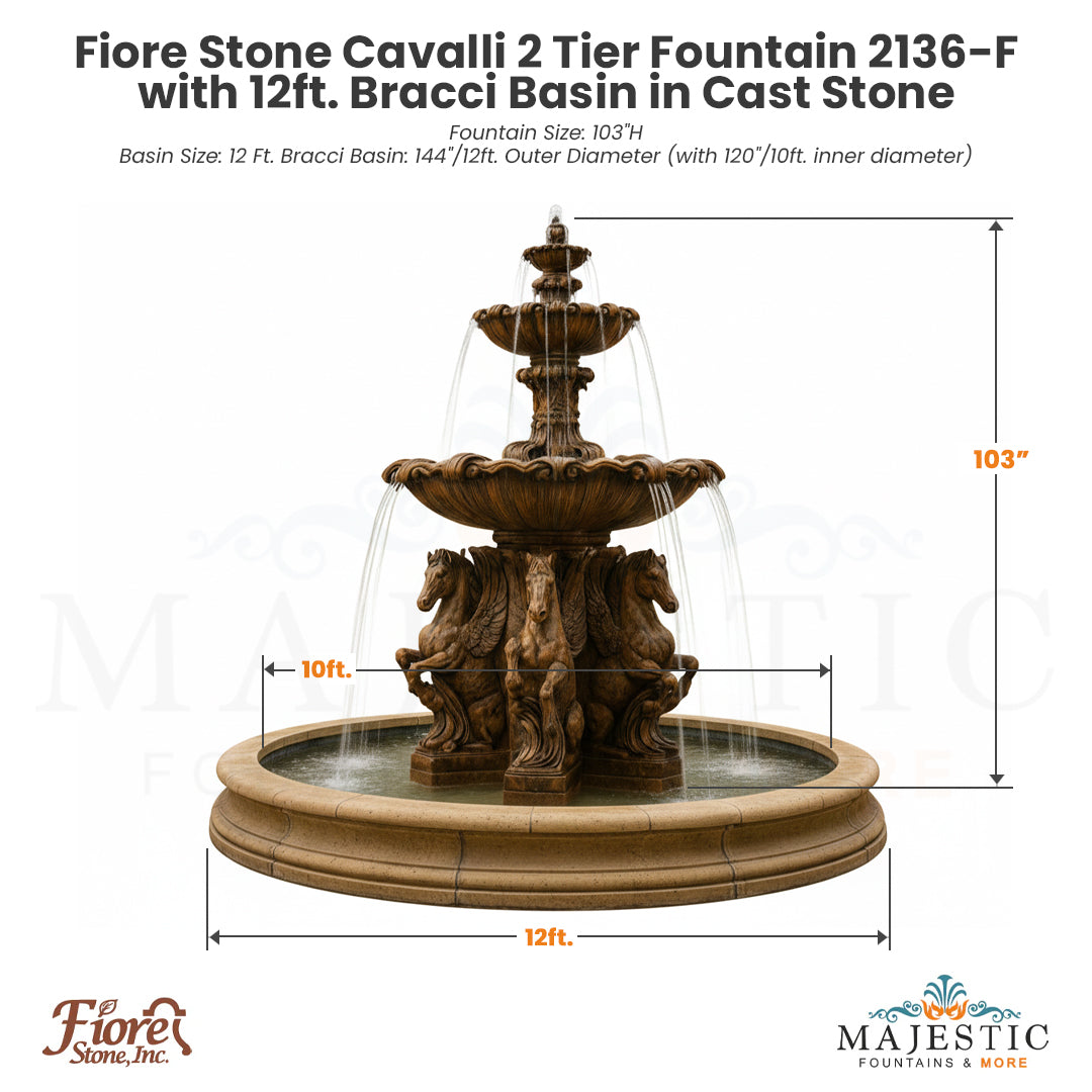 Fiore Stone Cavalli 2 Tier Fountain 2136-F with Bracci Basin in Cast Stone - Majestic Fountains