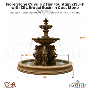Fiore Stone Cavalli 2 Tier Fountain 2136-F with Bracci Basin in Cast Stone - Majestic Fountains