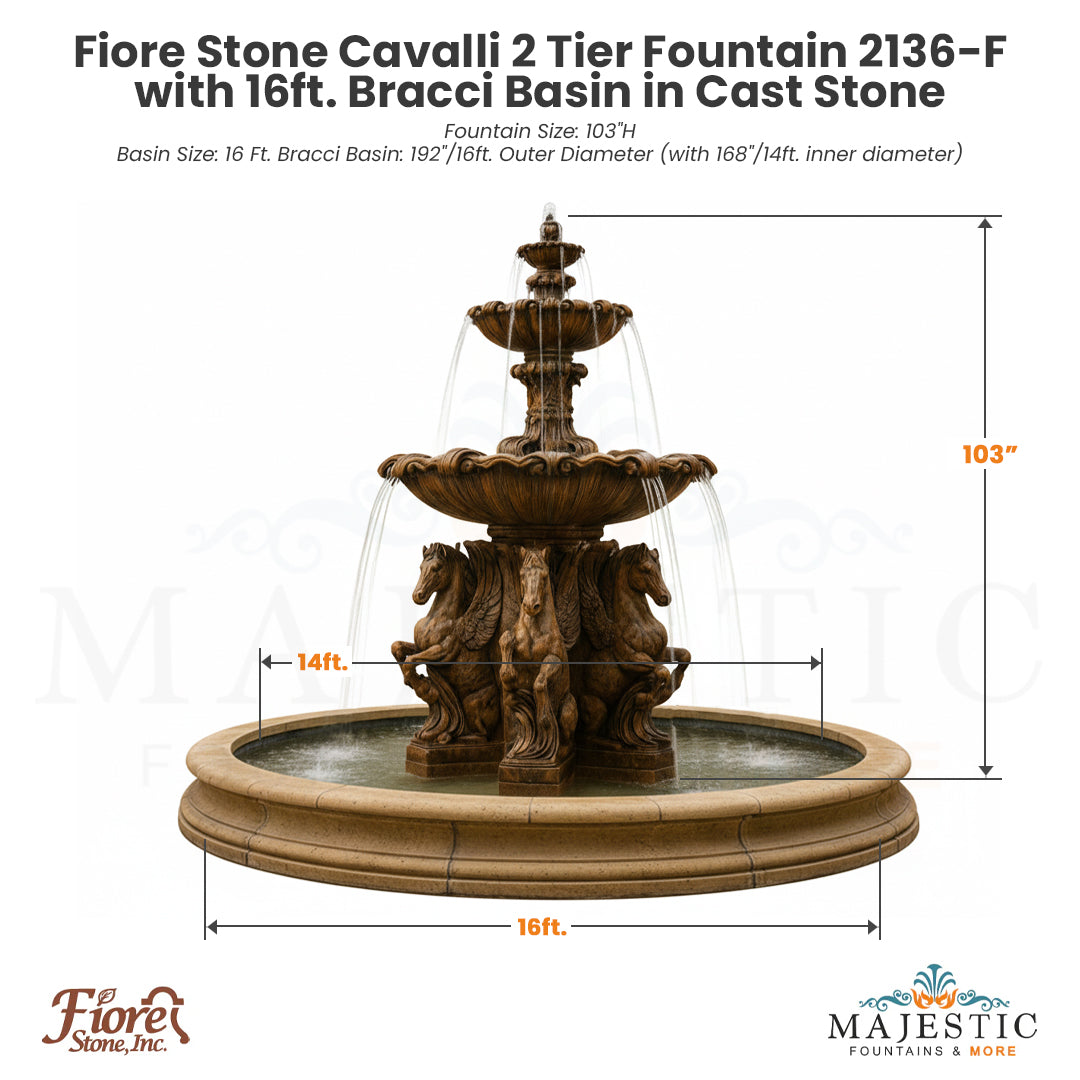 Fiore Stone Cavalli 2 Tier Fountain 2136-F with Bracci Basin in Cast Stone - Majestic Fountains