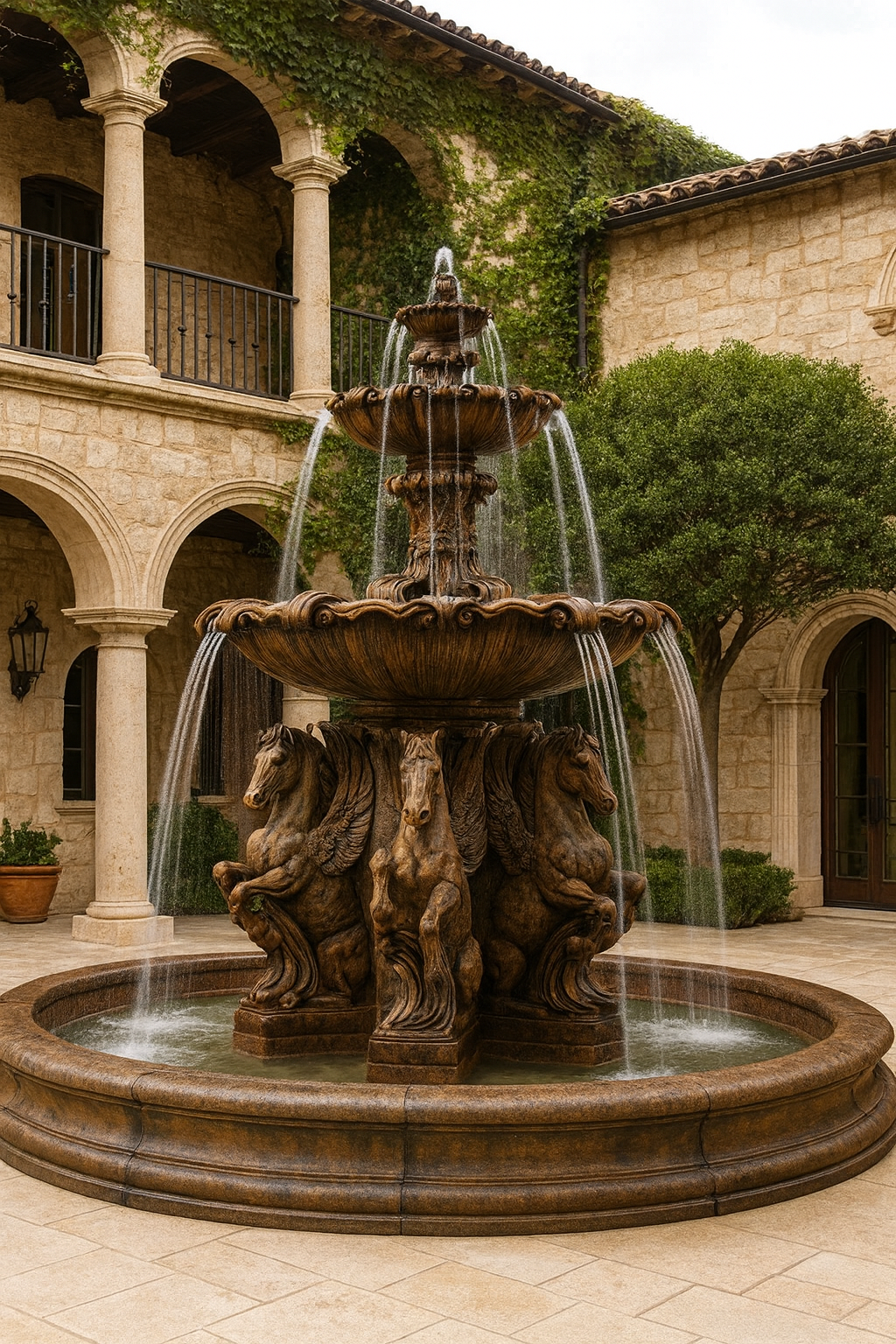 Fiore Stone Cavalli 2 Tier Fountain 2136-F with Bracci Basin in Cast Stone - Majestic Fountains