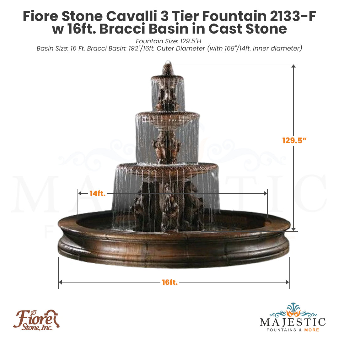 Fiore Stone Cavalli 3 Tier Fountain 2133-F w Bracci Basin in Cast Stone 12 - Majestic Fountains