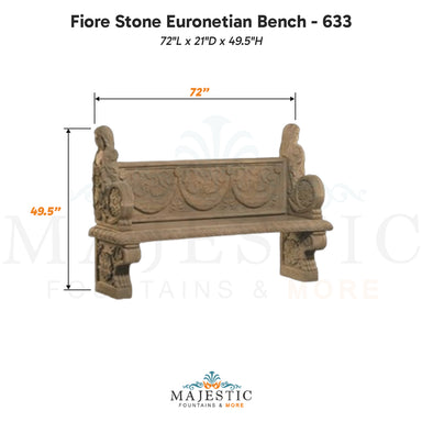 Fiore Stone Euronetian Bench - 633 cast stone dimension drawing showing 72 inch length and 49.5 inch height