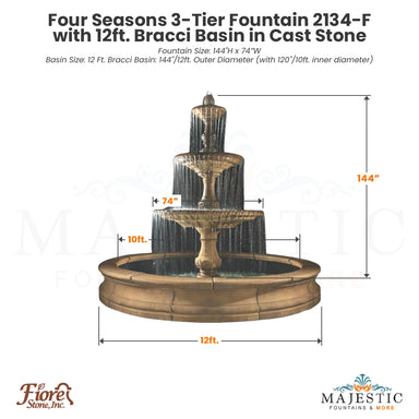 Fiore Stone Four Seasons 3-Tier Fountain 2134-F with Bracci Basin in Cast Stone - Majestic Fountains