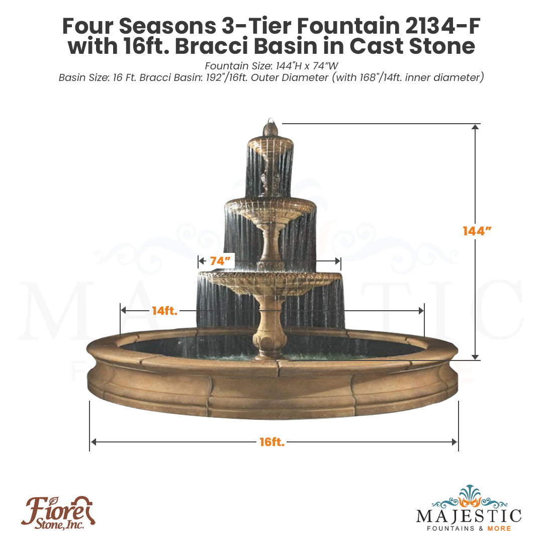 Fiore Stone Four Seasons 3-Tier Fountain 2134-F with Bracci Basin in Cast Stone - Majestic Fountains