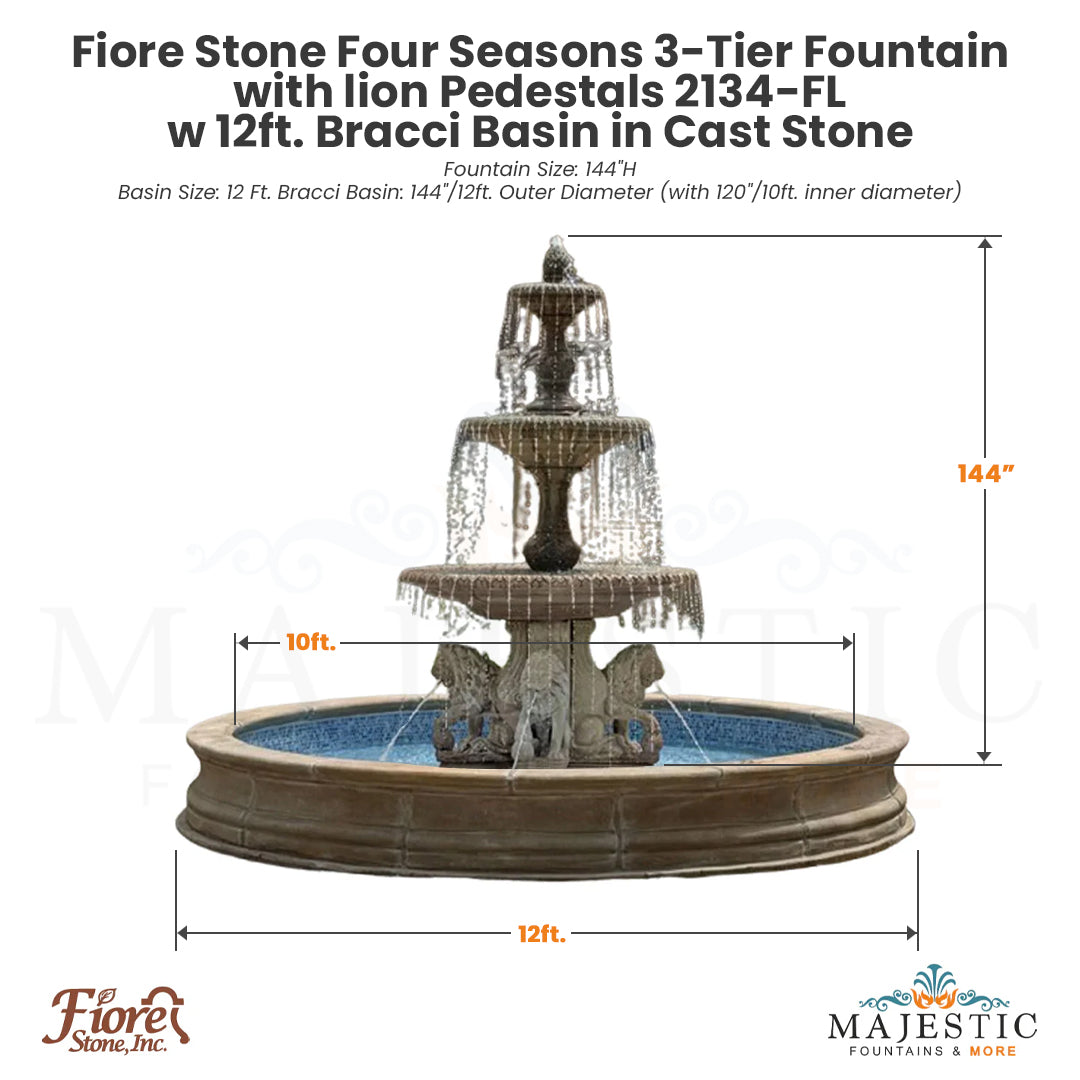Fiore Stone Four Seasons 3-Tier Fountain with lion Pedestals 2134-FL w Bracci Basin in Cast Stone - Majestic Fountains