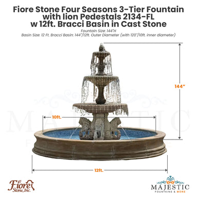 Fiore Stone Four Seasons 3-Tier Fountain with lion Pedestals 2134-FL w Bracci Basin in Cast Stone - Majestic Fountains