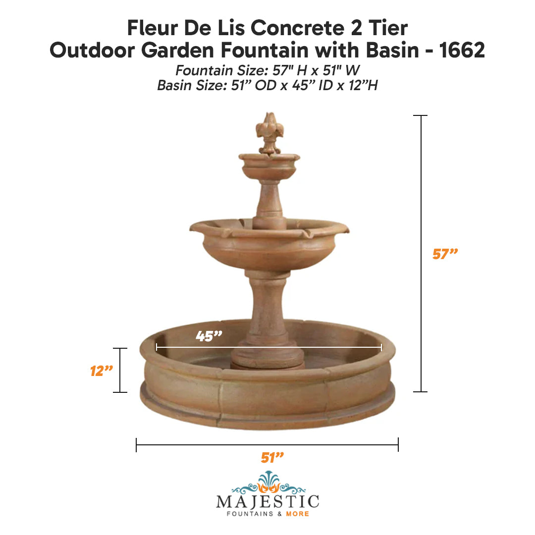 Fleur De Lis Concrete 2 Tier Outdoor Garden Fountain with Basin - 1662 - Majestic Fountains