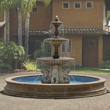 Four Seasons 3-Tiered Fountain with lion Pedetals and 16 ft. Bracci Basin in Cast Stone - Fiore Stone 2134-FL16 - Majestic Fountains and More