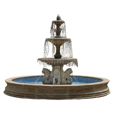 Four Seasons 3-Tiered Fountain with lion Pedetals and 16 ft. Bracci Basin in Cast Stone - Fiore Stone 2134-FL16 - Majestic Fountains.jpg