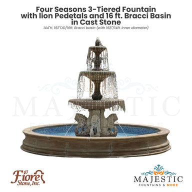 Four Seasons 3-Tiered Fountain with lion Pedetals and 16 ft. Bracci Basin in Cast Stone - Fiore Stone 2134-FL16 - Majestic Fountains