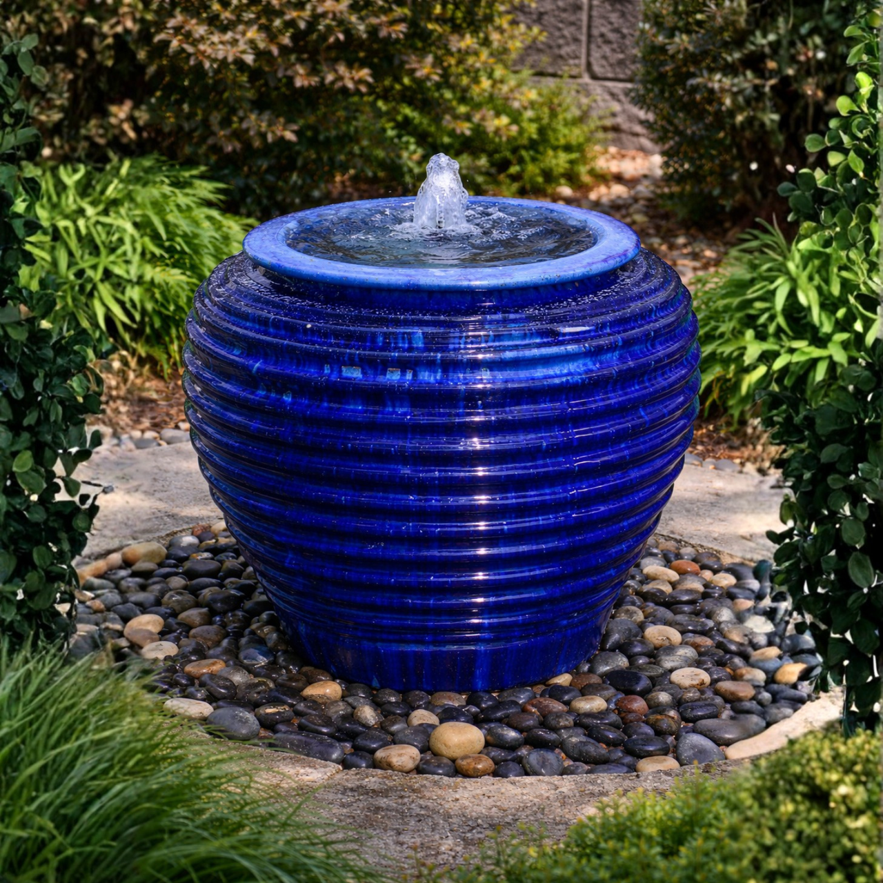 Lapis Blue Genova Ribbed Vase - Single Vase Complete Fountain Kit - FNT40127