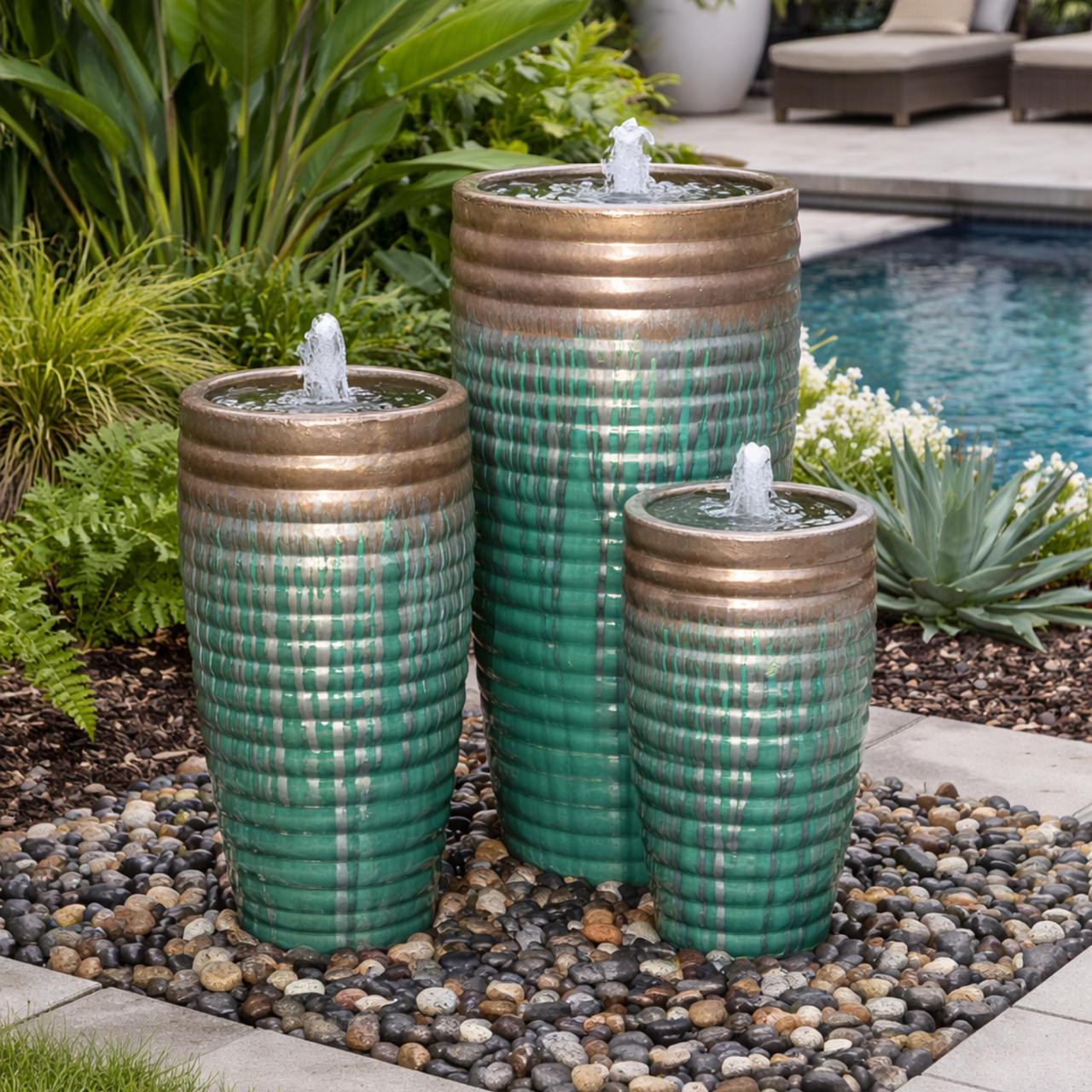 Tivoli Gold Drips on Green Triple Vase FNT50354 - Complete Fountain Kit