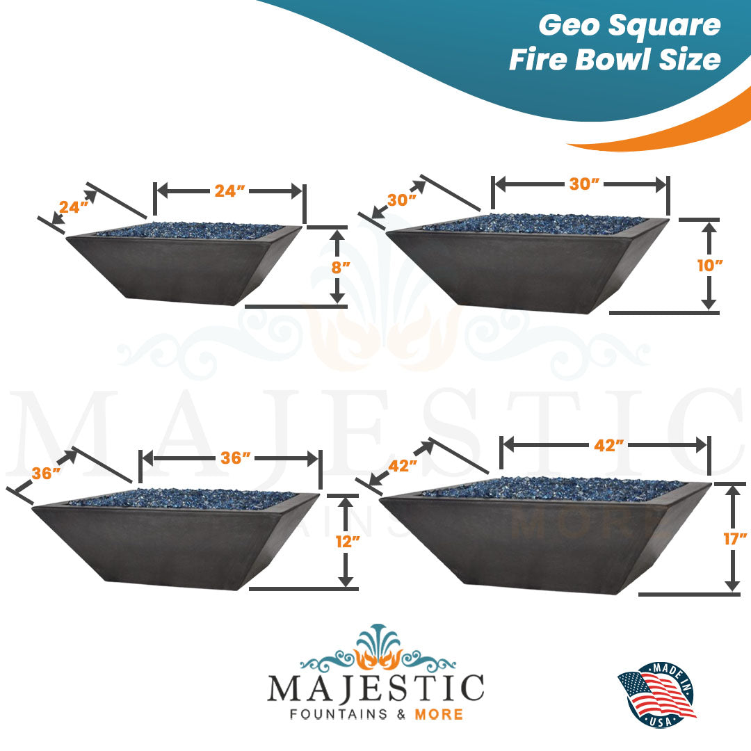 Geo Square Fire Bowl in GFRC Concrete - Majestic Fountains and More