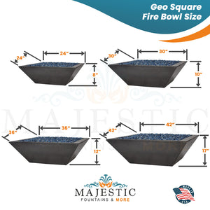 Geo Square Fire Bowl in GFRC Concrete Sizes  - Majestic Fountains and More