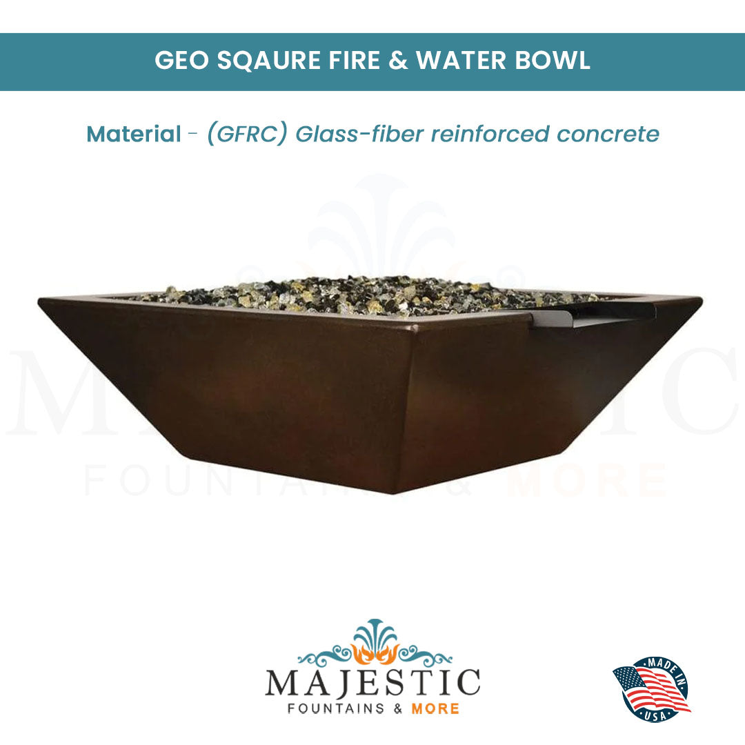 Geo Square Fire & Water Bowl in GFRC Concrete - Majestic Fountains and More