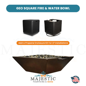 Geo Square Fire & Water Bowl in GFRC Concrete Propane Enclosure Kit - Majestic Fountains and More
